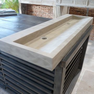 beige mera double washbasin in our showroom