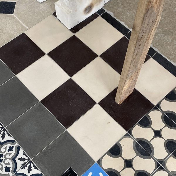 checkerboard brown and white cement tiles