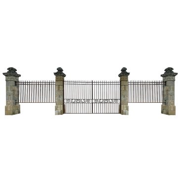 Directoire style entrance with stone pillars gate iron grill