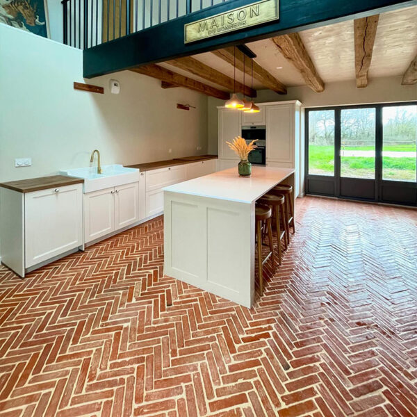 bricks laid on floor in kitchen