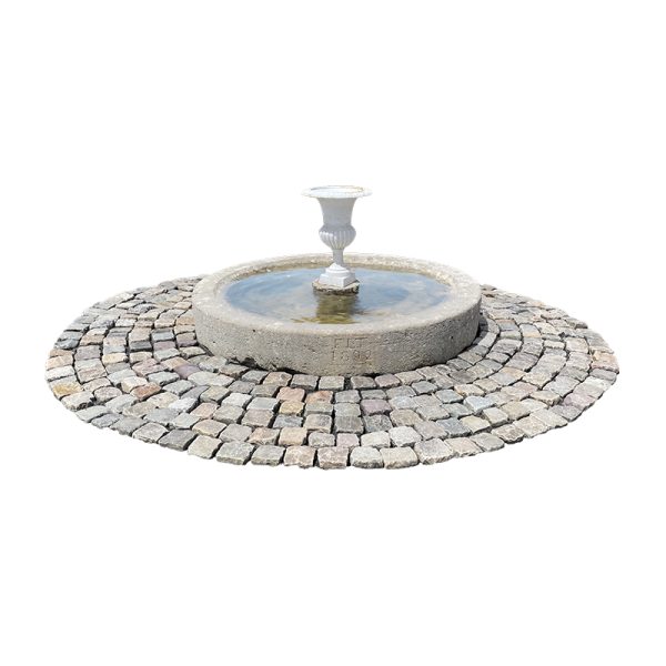 Circular antique shallow stone pool with medicis vase water