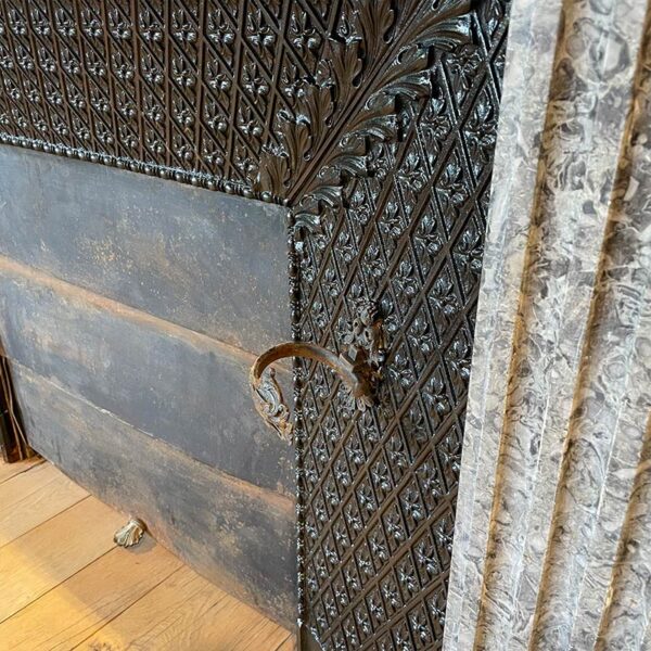 Marble fireplace with fireback featuring diamond and flower carvings