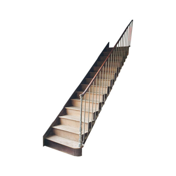 straight wooden staircase with cast iron balusters