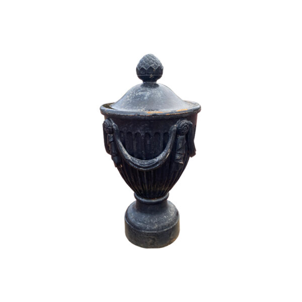 pair of large black cast iron urns